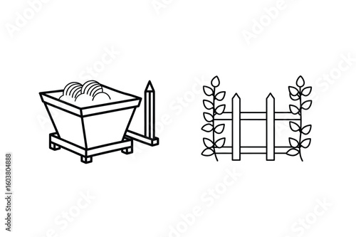 Garden cart with plants and fence drawing illustration
