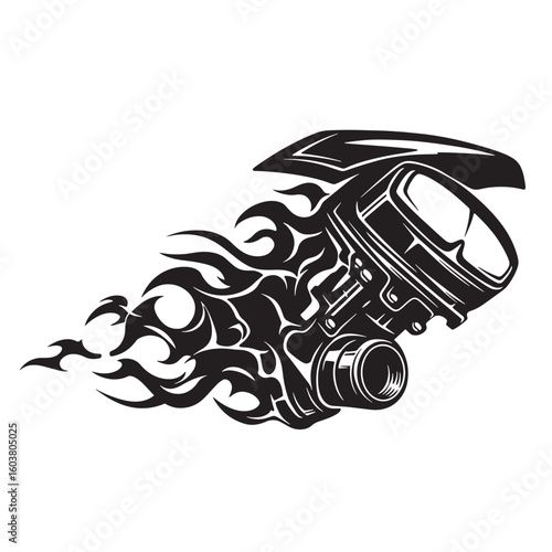 Black engine with tribal flames motor mechanical