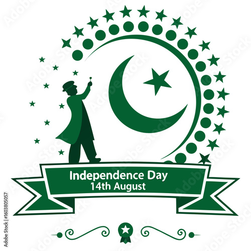 This vibrant design honors Pakistan’s Independence Day on 14th August, featuring a man raising a hand towards a crescent and star, surrounded by green stars and a bold celebratory ribbon.

