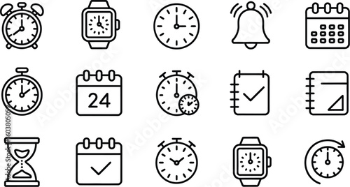 Line art icons of timekeeping devices including clocks calendars and hourglasses