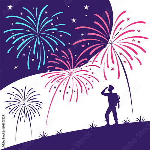 A lone figure silhouetted against a vibrant night sky watching a dazzling display of fireworks in shades of pink and blue celebrating a special occasion
