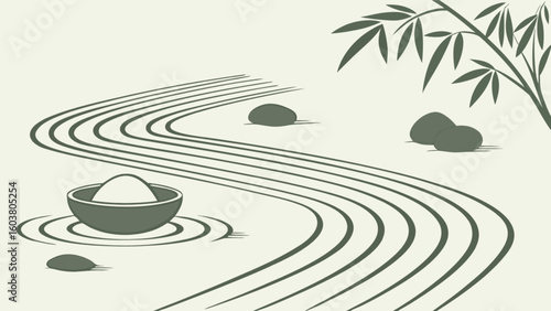 Illustration of a zen garden with raked sand, stones, bowl with rice and bamboo leaves art
