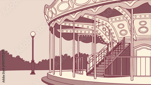 Illustration of a vintage carousel with stairs, poles, and a lamp post in a park setting design