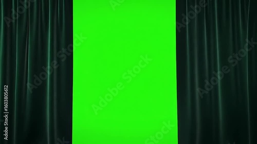 theatre emerald velvet curtains opening and closing with a green screen stage