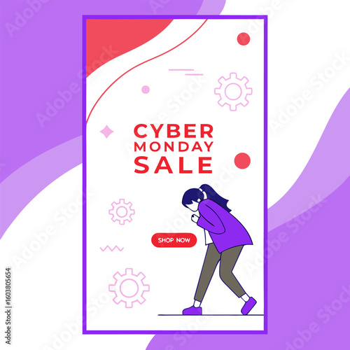 Cyber monday sale announcement featuring a stylized illustration of a woman and promotional graphics with a shop now button