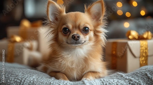 A charming chihuahua puppy rests beside colorful birthday presents, surrounded by a light and festive background that enhances its cuteness.