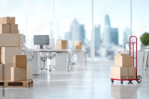 Office relocation scene; cardboard boxes stacked on a pallet and hand truck, city view