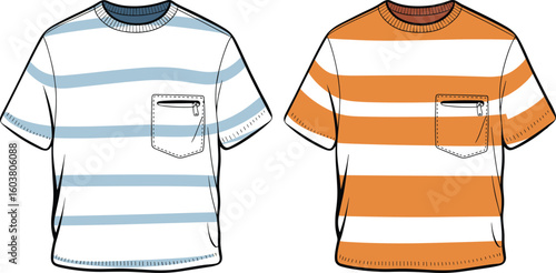 Striped round neck t-shirts with chest zipper pocket, front view, flat sketch, casual menswear fashion cad drawing for apparel design
