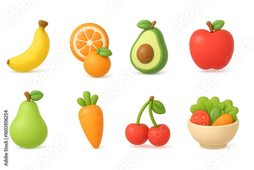 Colorful 3d cartoon fruits and vegetables collection for healthy eating design