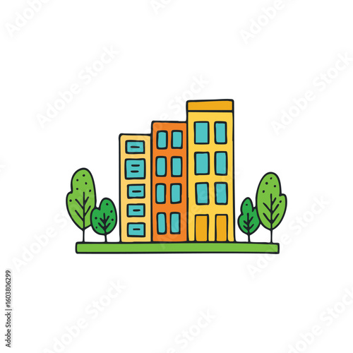 Illustration of small scale architectural model with trees and structures in doodle form