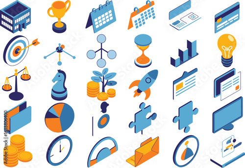 Isometric business icons including finance strategy and planning elements