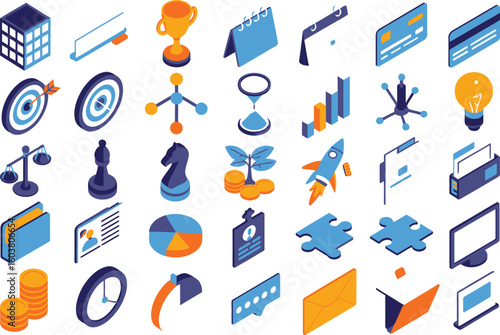 Isometric view of business and finance icons representing various concepts