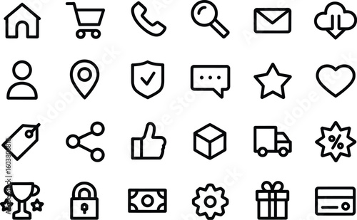 Collection of twenty four different black outline icons on a white background