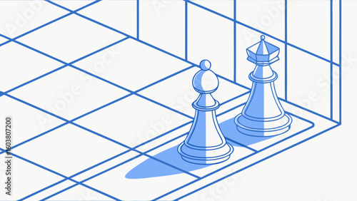 Isometric chess game strategy illustration with pawn and queen pieces on a chessboard background design
