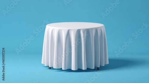 A digitally rendered image shows a simple, round, white tablecloth draped over a table against a light blue background.  The scene is minimalist and clean