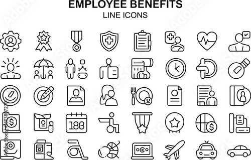 Employee benefits line icons showcasing various advantages and perks offered