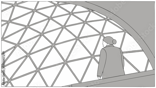 Architectural geodesic dome structure interior design with person viewing the triangular pattern grid design