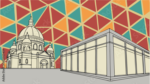 Illustration of architecture featuring a church and a modern building with geometric background design