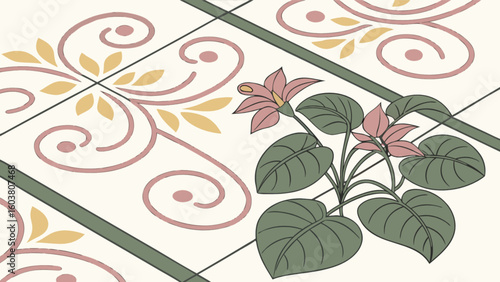 Floral tile design vector art with pink flowers leaves and swirls for home decor and interior design