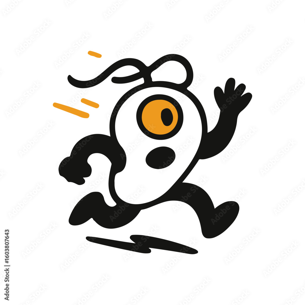 Naklejka premium Funny cartoon one-eyed monster running with speed lines. Vector flat mascot in black, white, and orange. Ideal for games, branding, playful design, comics, or kids' sci-fi projects