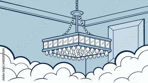 Drawing of a fancy chandelier with crystal pendants in a room with clouds and a light blue wall