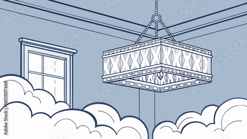 Hanging chandelier lighting fixture interior design home decor window clouds illustration art drawing