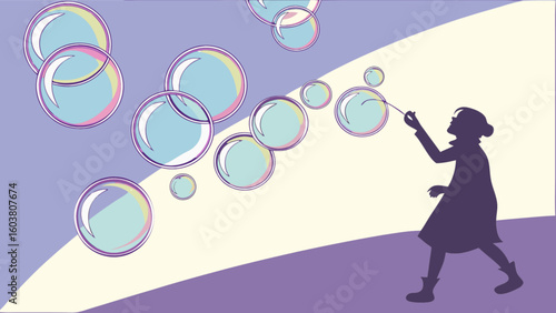 Illustration of girl blowing bubbles soap bubbles art bubble wand purple background dreamy whimsical design