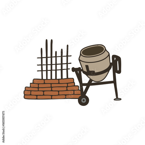 Illustration of a house foundation showing rebar grid and cement machine