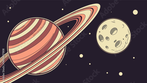 Explore space with planet saturn and moon illustration vector graphic for astronomy and science lovers