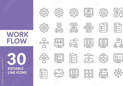 Collection of workflow related line icons on a white background layout
