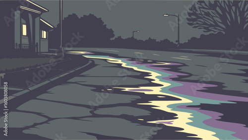 Night street scene illustration with colorful puddle reflection vector graphic design art