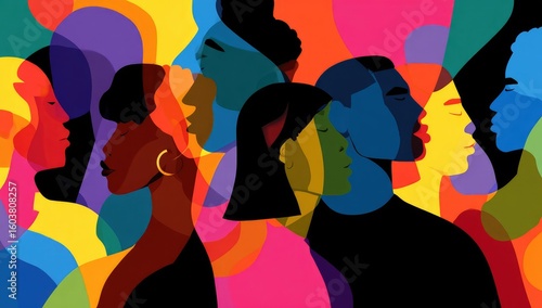 A vibrant, stylized depiction of diverse individuals in profile, their faces overlapping in a kaleidoscope of saturated colors, creating a sense of unity and community