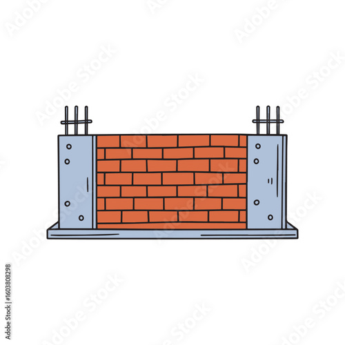 Illustration of a concrete wall under construction with rebar and formwork details