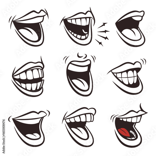 Cartoon mouths expressing laughter and joy lips teeth