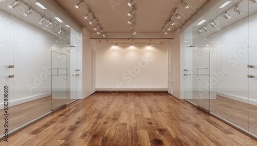 Wallpaper Mural Empty modern gallery space with glass walls,  wood floor, and neutral walls Torontodigital.ca