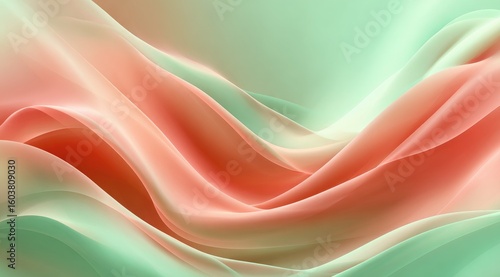 Abstract image of flowing, translucent fabric in pastel coral and mint green hues, creating a soft, wave-like pattern