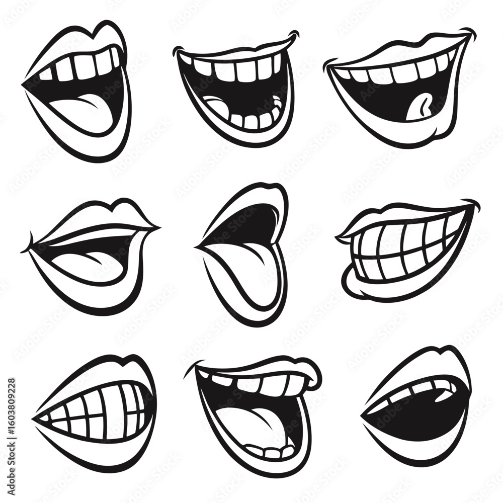 Obraz premium Smiling mouths with teeth and tongues smile open mouth