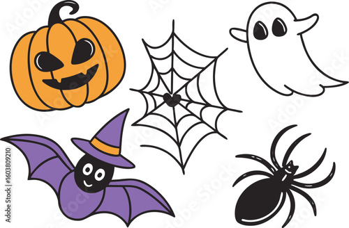 A collection of cute and spooky halloween icons including a jack o lantern a ghost a spider a bat wearing a witch hat and a spiderweb with a heart