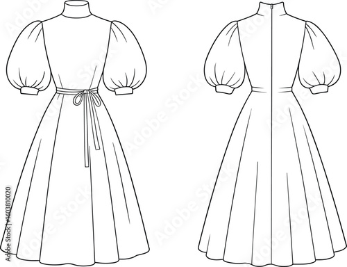 Vintage puff sleeve dress, high neck, long midi skirt, waist tie, zipper back, flat sketch, vector fashion illustration