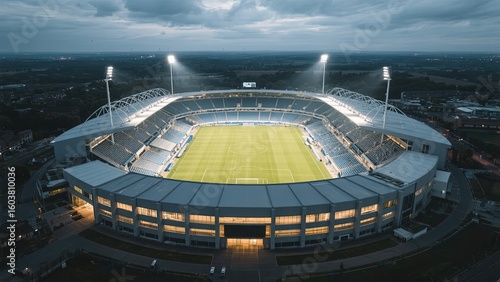 Aerial View of a Modern Stadium with Illuminated Field and Seating
