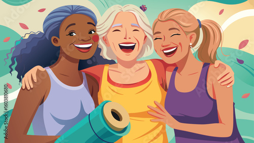 Three happy women of different ages and ethnicities embracing with a yoga mat