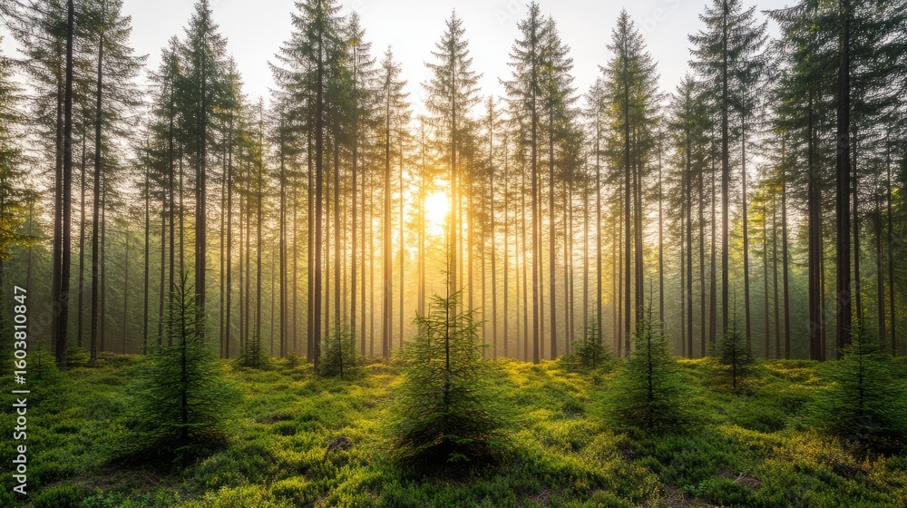 Naklejka premium Sunlit Canopy: A breathtaking scene unfolds as sunlight streams through a dense forest of tall, slender trees.