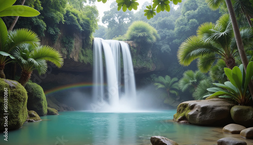 Enchanting Waterfall Oasis – Pristine Turquoise Pool Surrounded by Verdant Rainforest for Nature Photography, Meditation Spaces, and Environmental Conservation Awareness