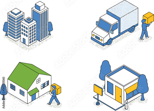 Isometric illustration showing delivery to various locations with buildings