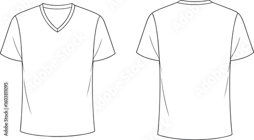 Men’s v-neck t-shirt flat sketch, short sleeve tee front and back view, blank vector template, apparel fashion illustration