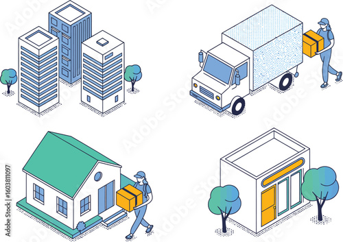 Isometric delivery scene with buildings, house, store, truck and delivery people