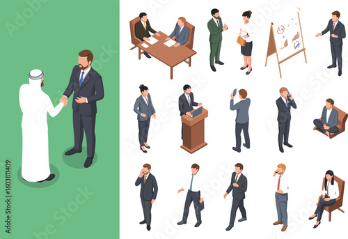 Isometric business people in various activities and arab man handshake deal