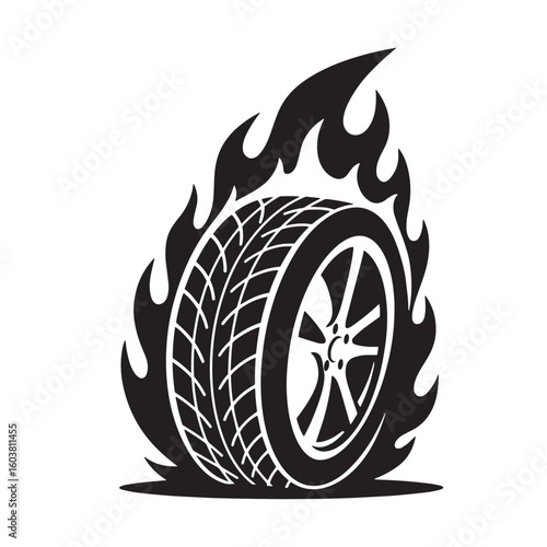 Flaming tire with intricate tread pattern and alloy wheel flame fire