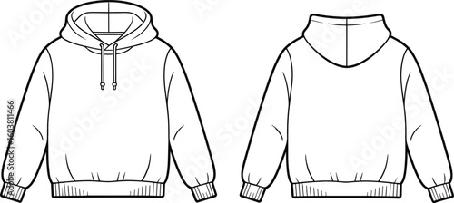 Men’s pullover hoodie with ribbed cuffs and hem, front and back view, drawstring hood, vector flat sketch, casual wear