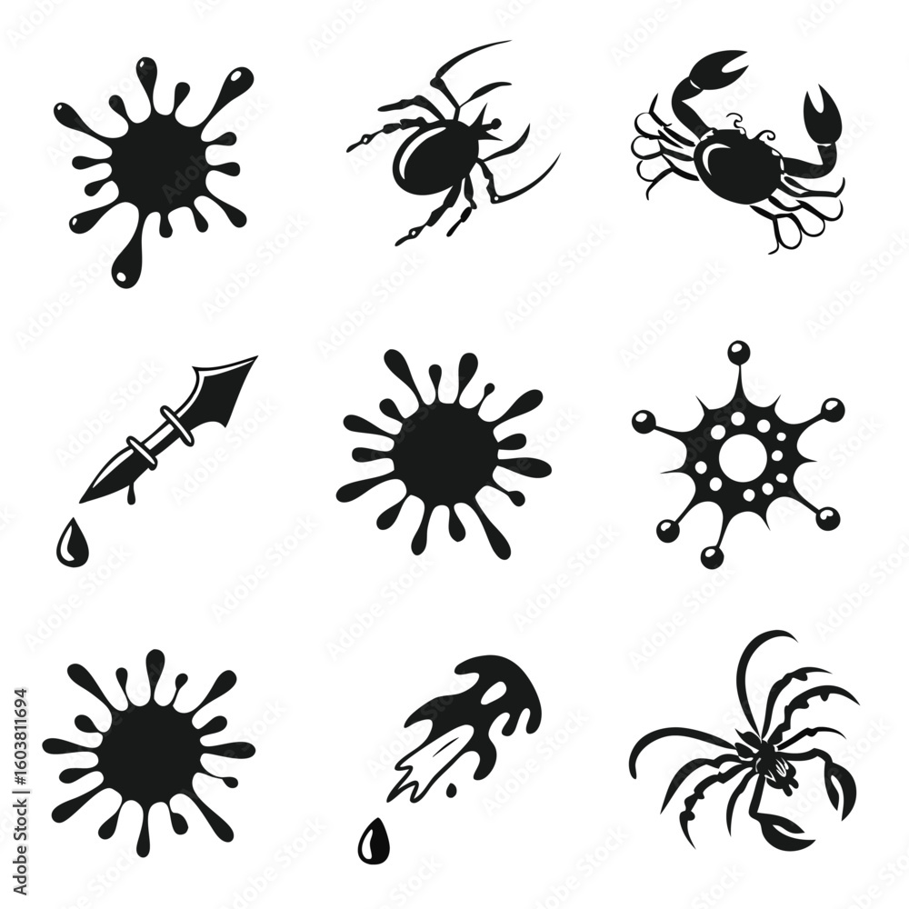 Obraz premium Black ink splashes and creatures splatter drop